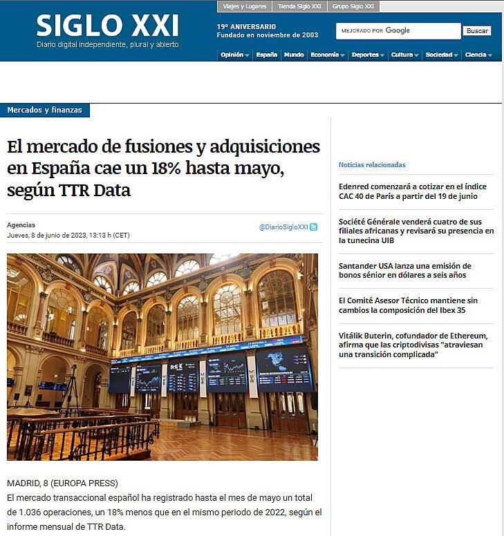 El mercado de fusiones y adquisiciones en Espaa cae un 18% hasta mayo, segn TTR Data